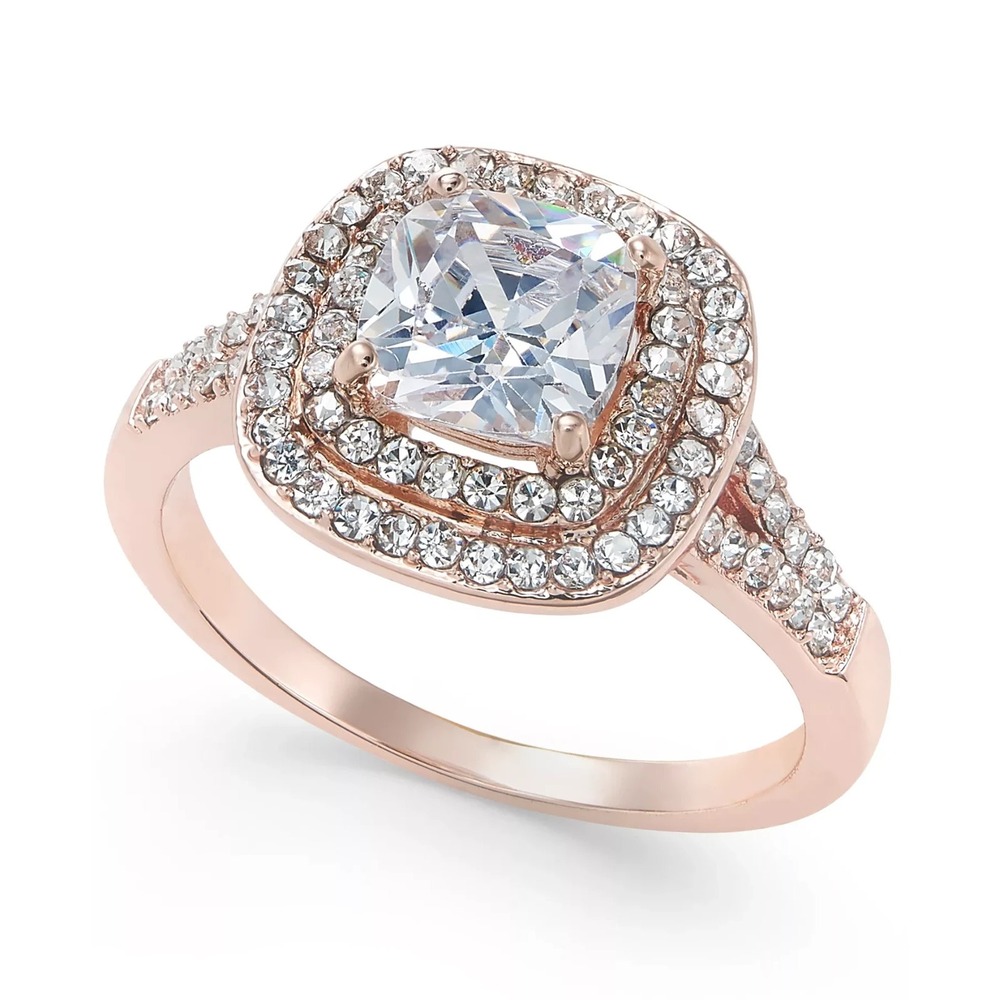 Charter Club Double Halo Crystal Center Ring Rose Gold SZ 6 Loose in box